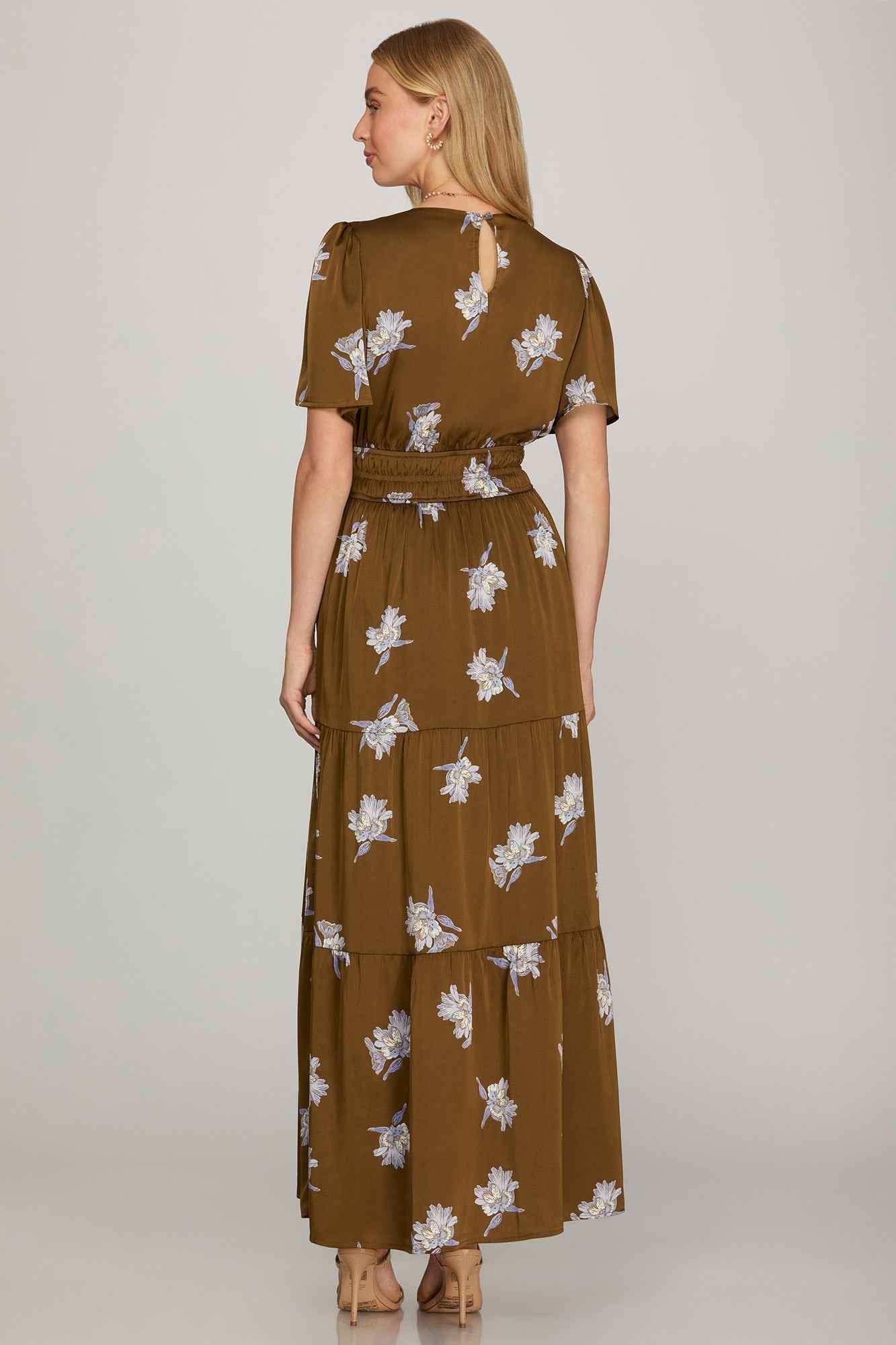 Mocha Floral Satin Surplice Tiered Maxi Dress with Pockets