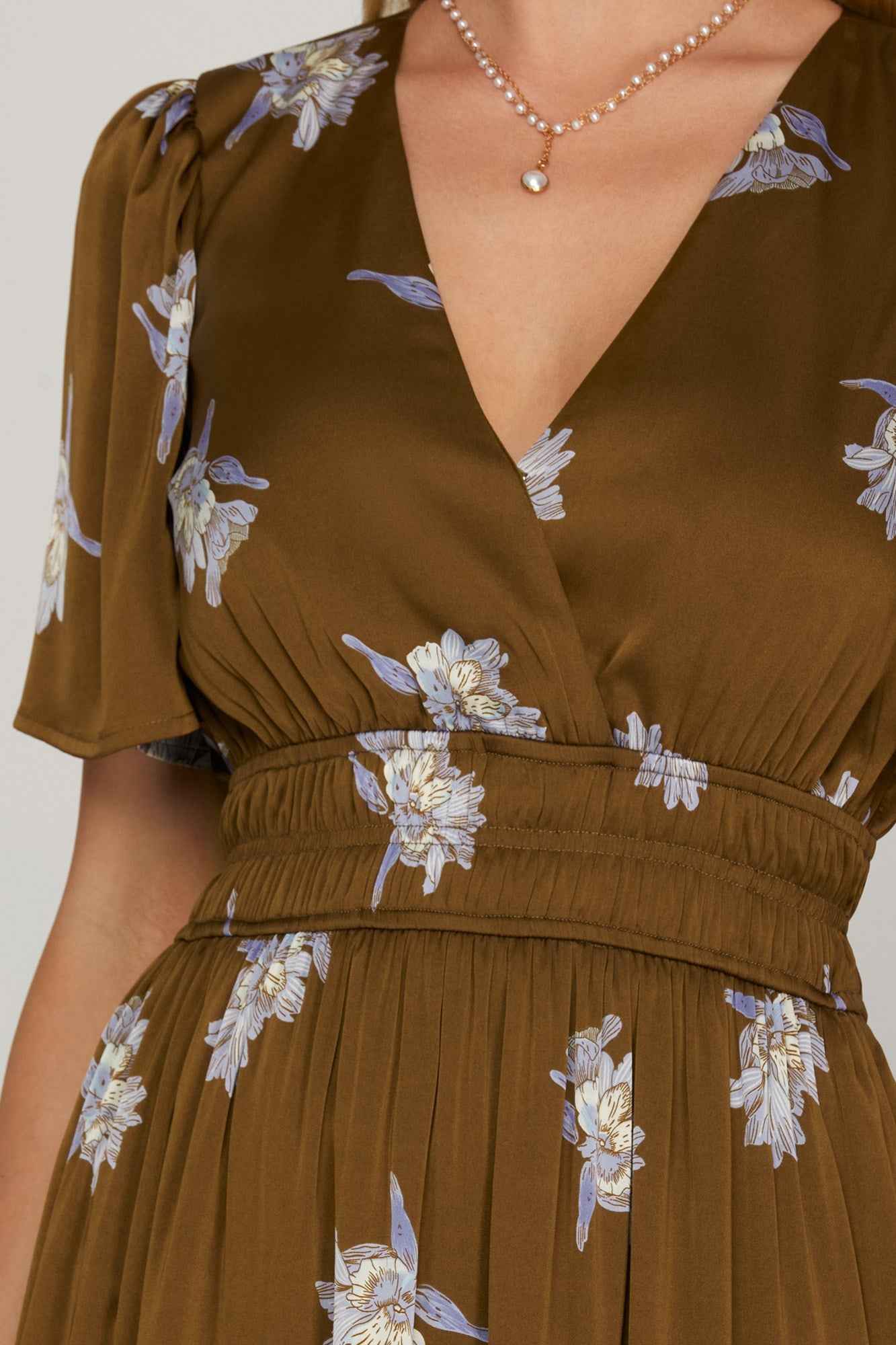 Mocha Floral Satin Surplice Tiered Maxi Dress with Pockets