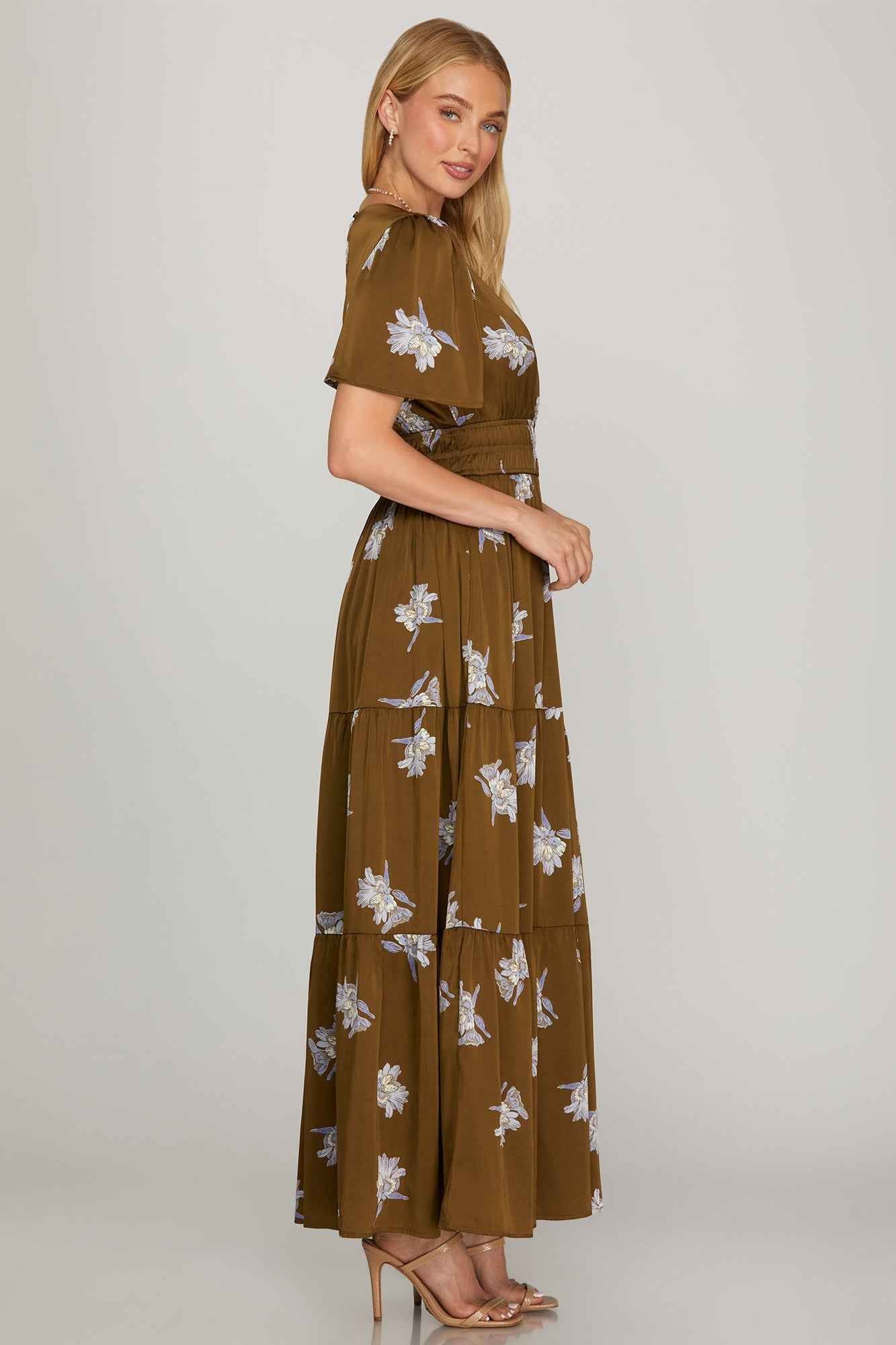 Mocha Floral Satin Surplice Tiered Maxi Dress with Pockets
