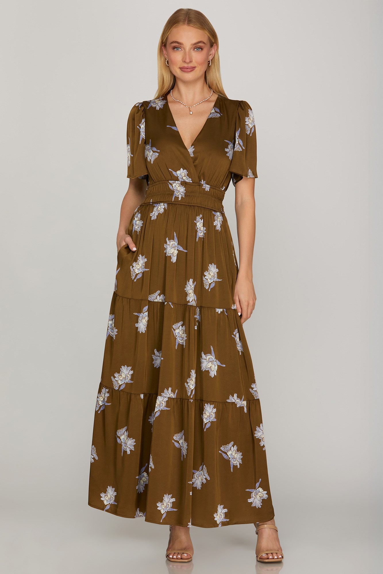 Mocha Floral Satin Surplice Tiered Maxi Dress with Pockets