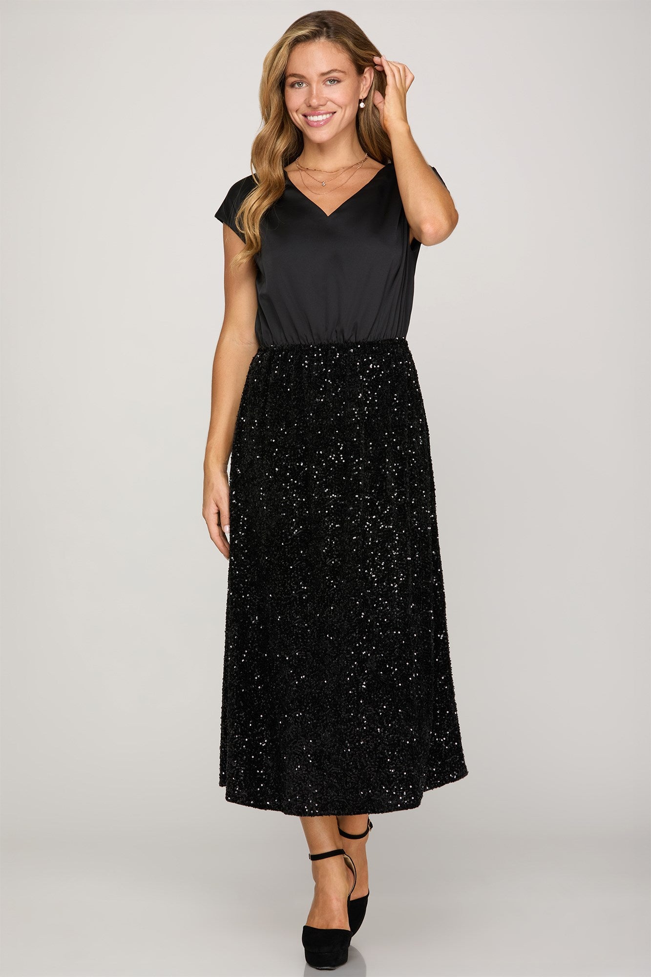 Black Sequin Elegance Midi Dress