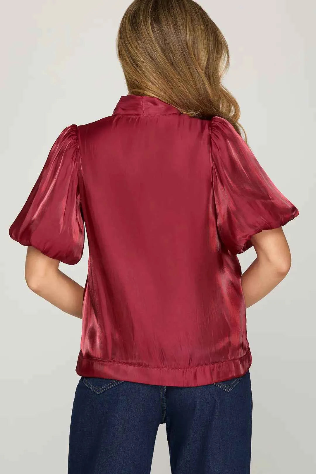 Red Satin Glossy Puff Sleeve Top with Bow