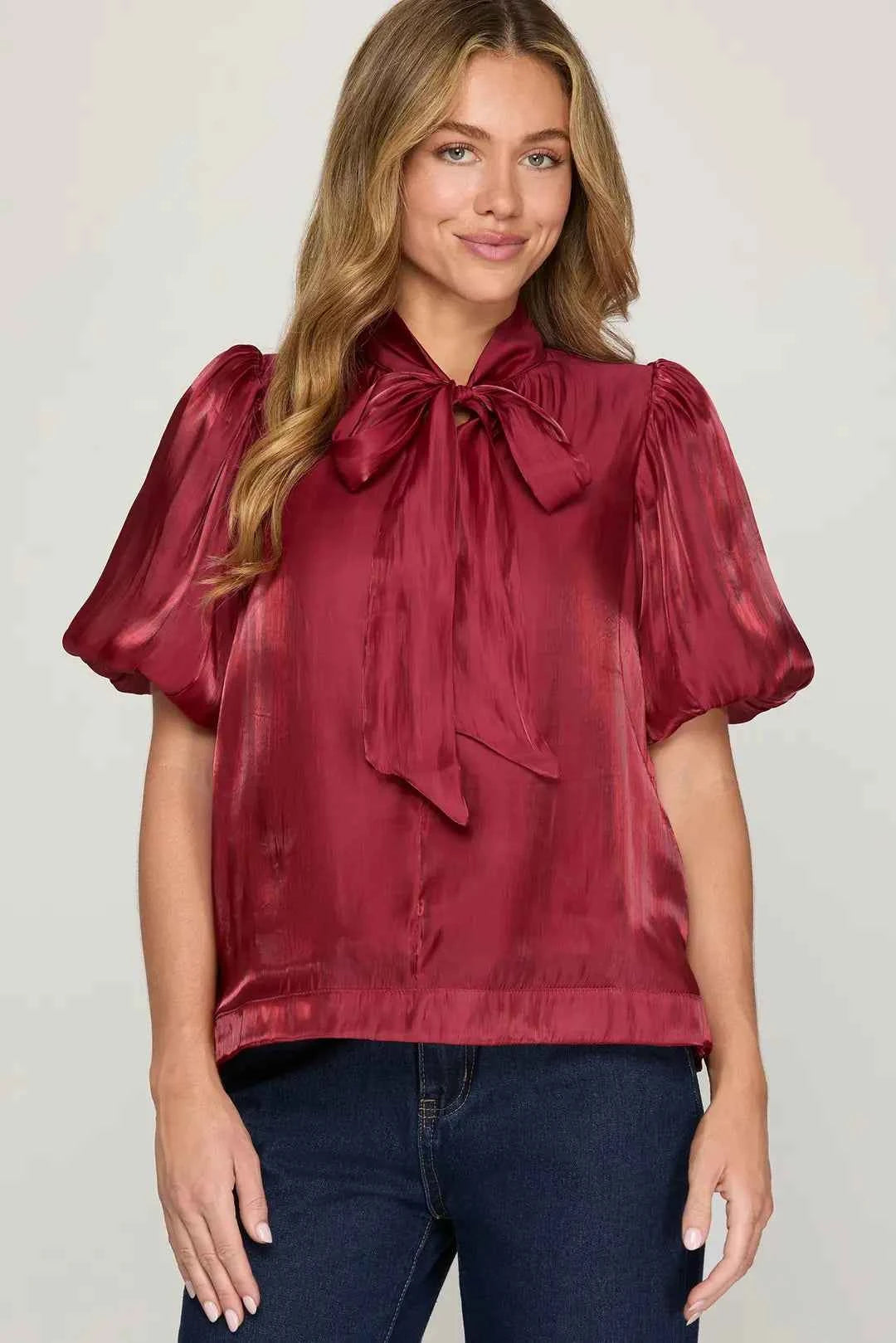 Red Satin Glossy Puff Sleeve Top with Bow
