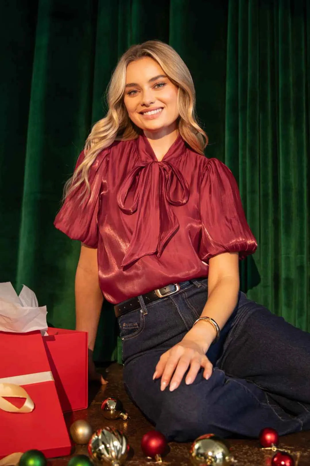 Red Satin Glossy Puff Sleeve Top with Bow