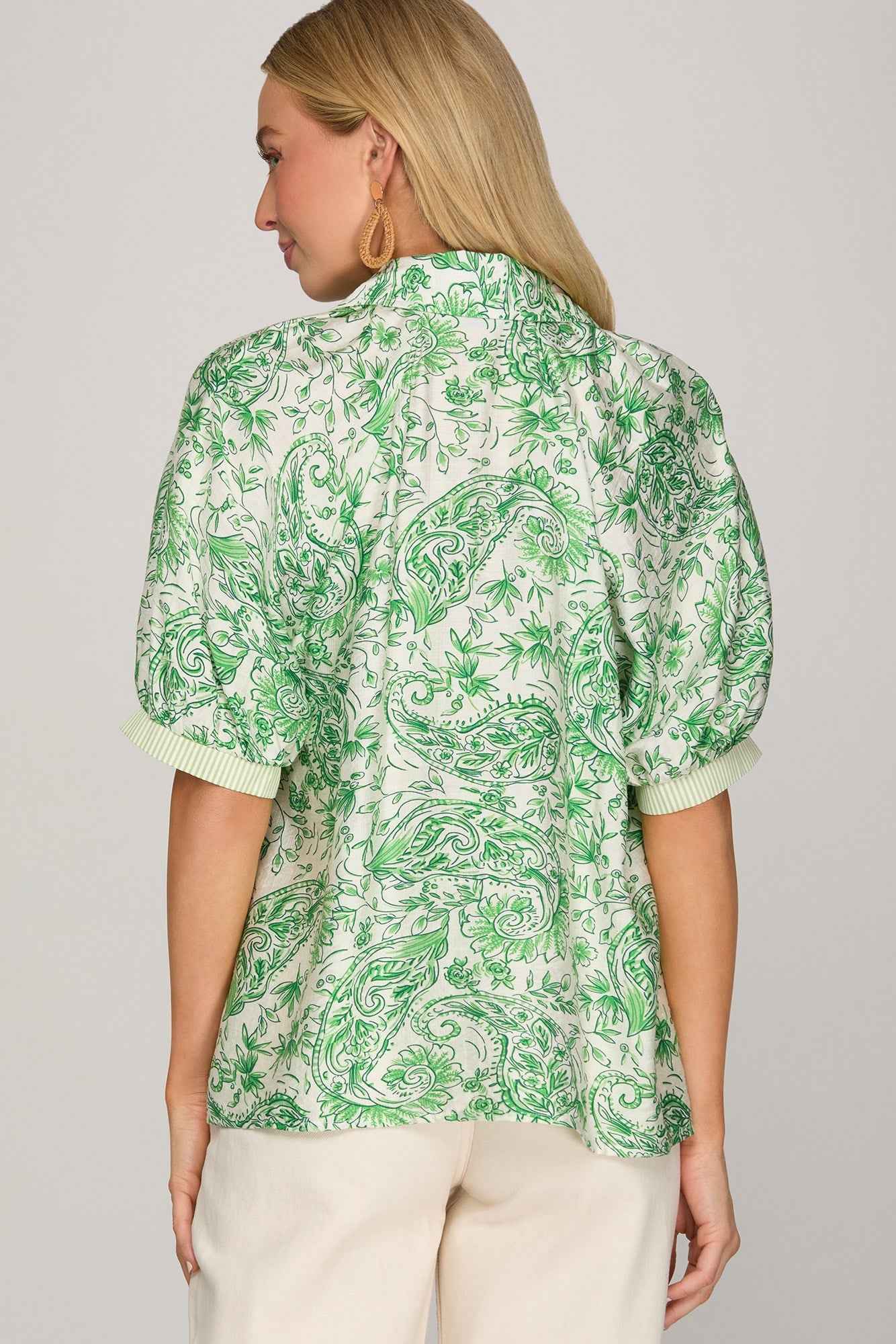 Light Green Paisley Stripe Trim Button Down Short Sleeve Top