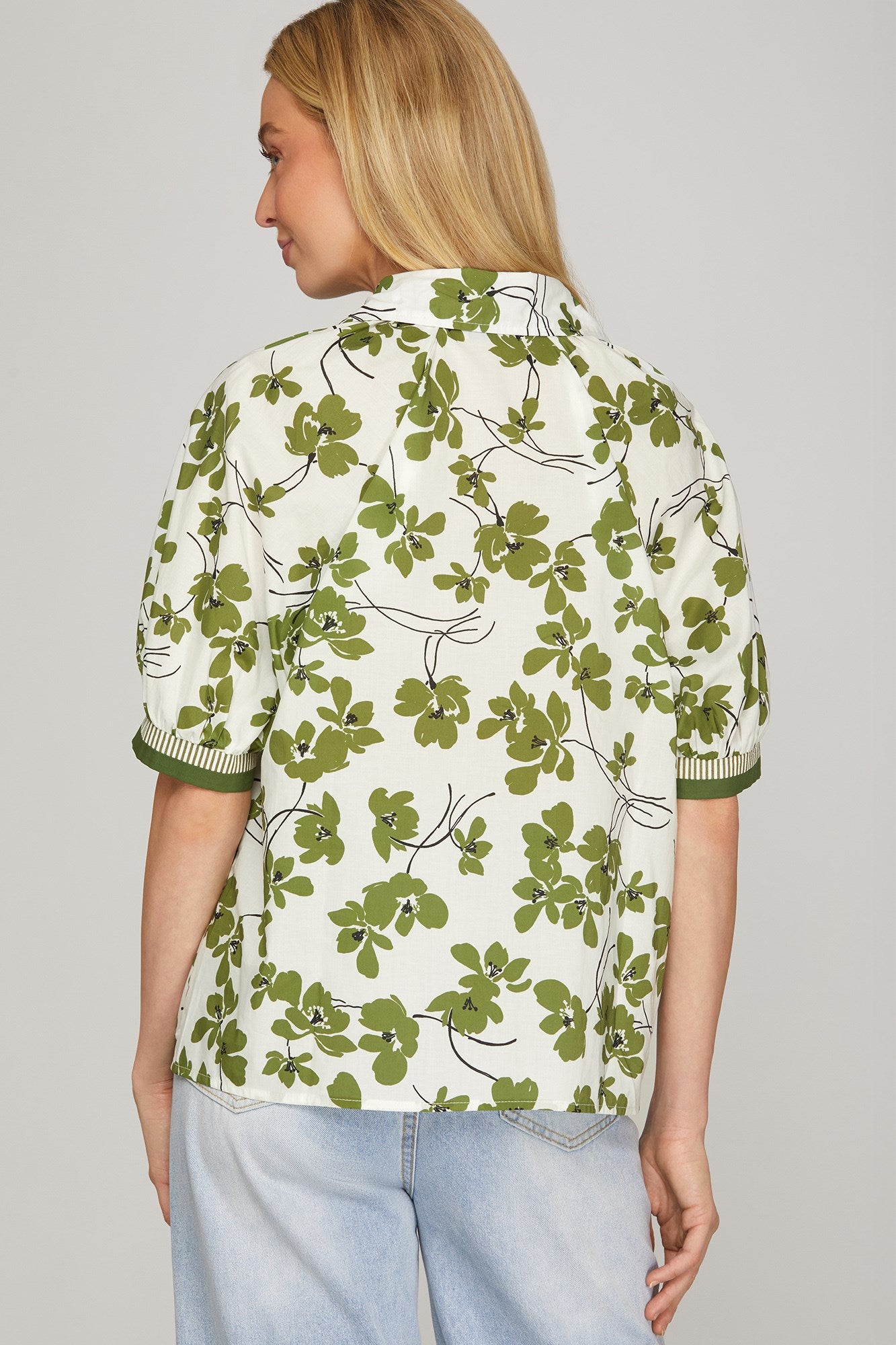 Green Floral Short Sleeve Button-Down Top