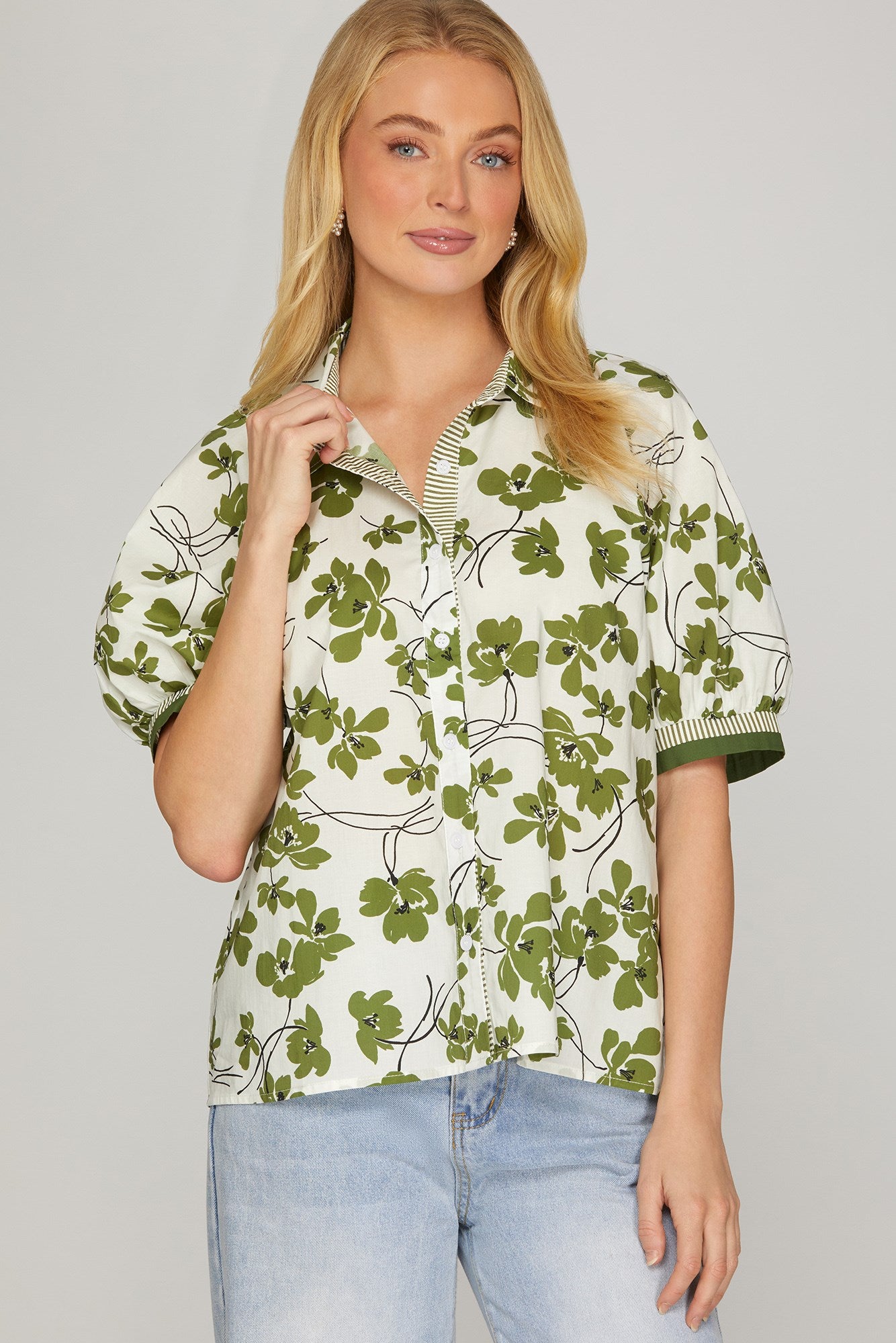 Green Floral Short Sleeve Button-Down Top