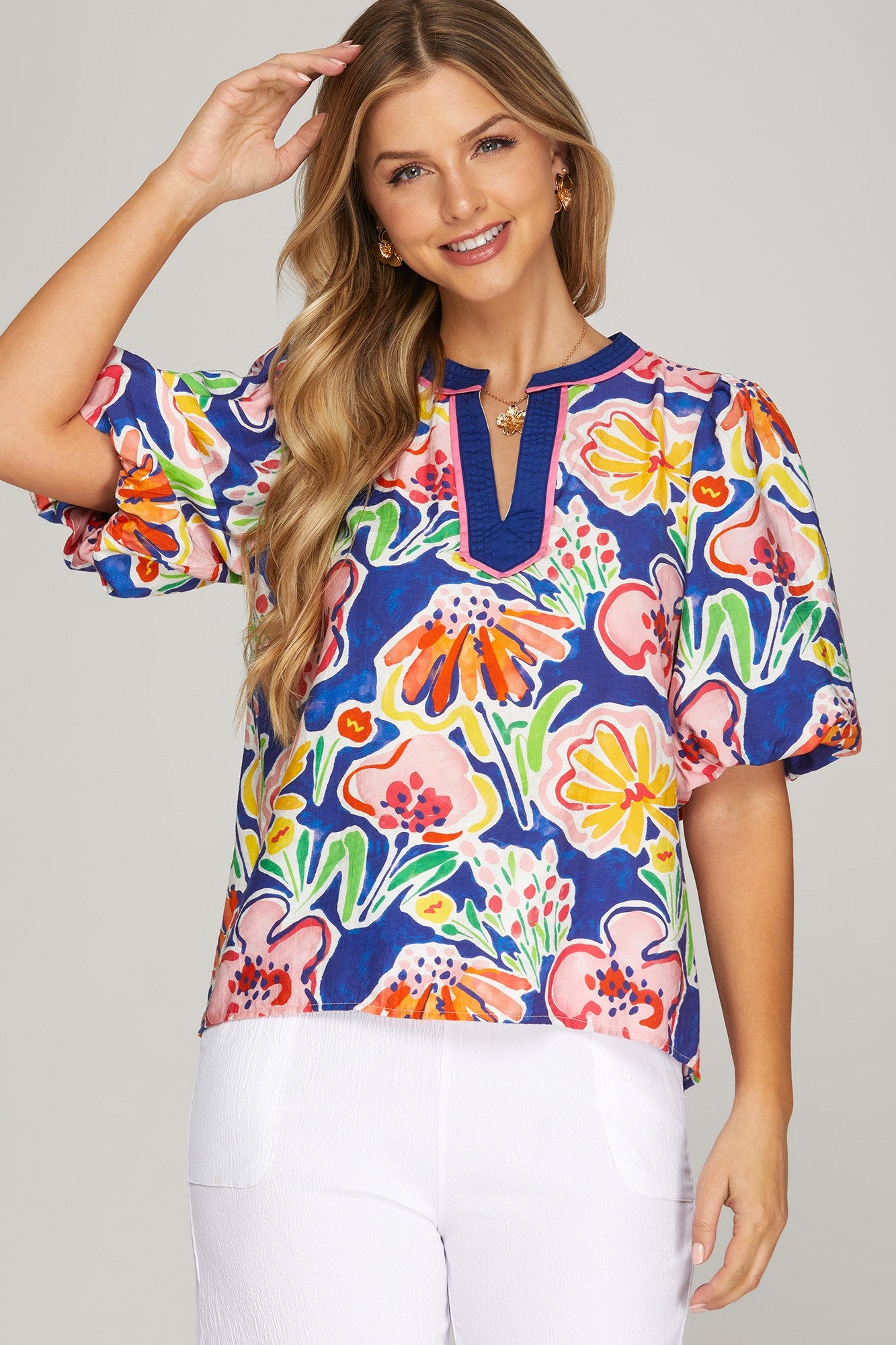 Blue Bloom Contrast Bubble Sleeve Top