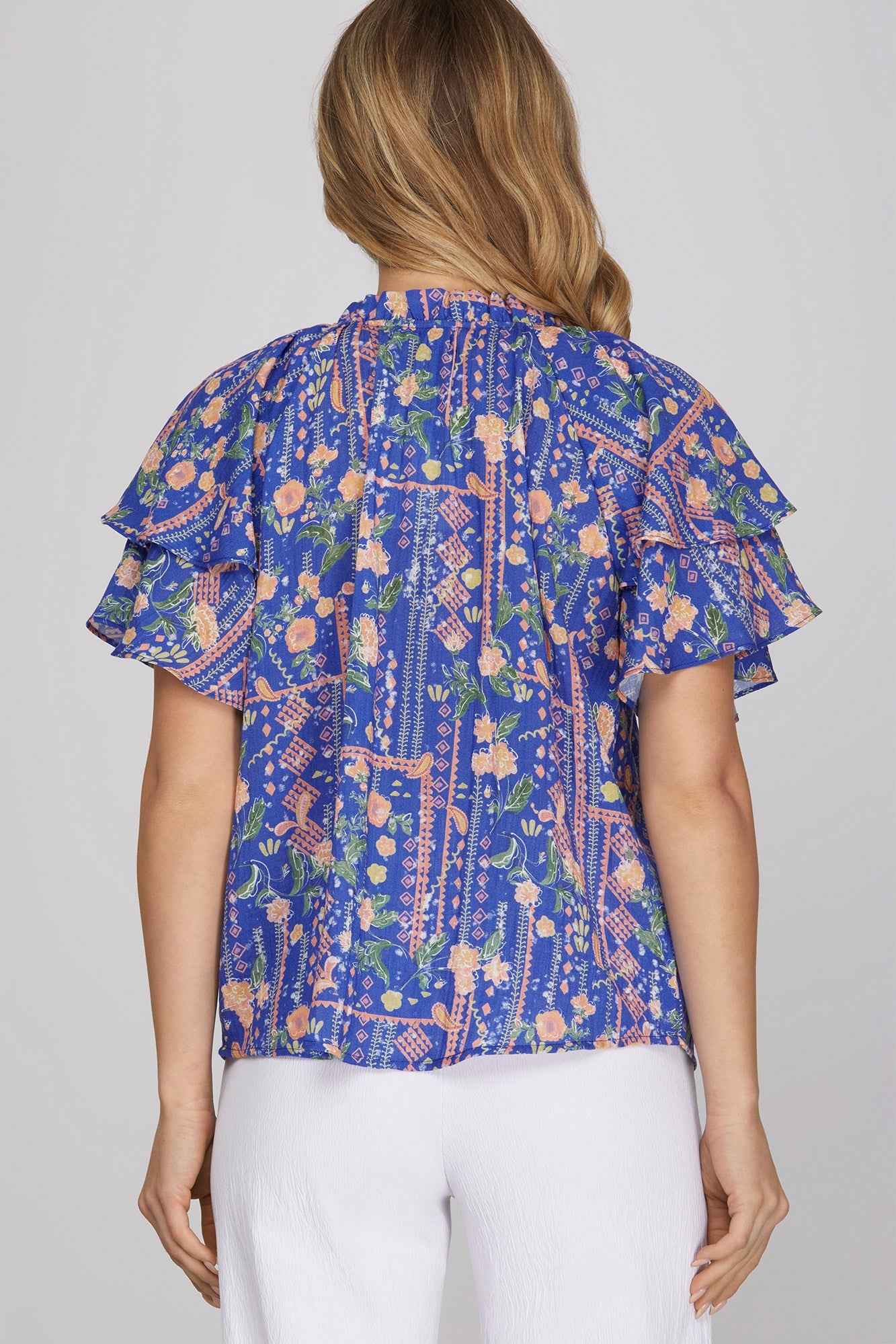 Royal Blue Floral Patchwork Blouse