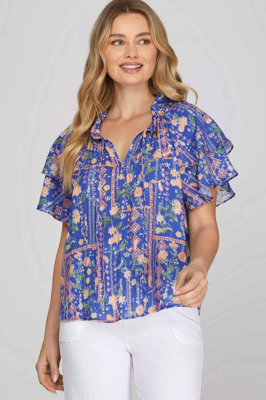 Royal Blue Floral Patchwork Blouse