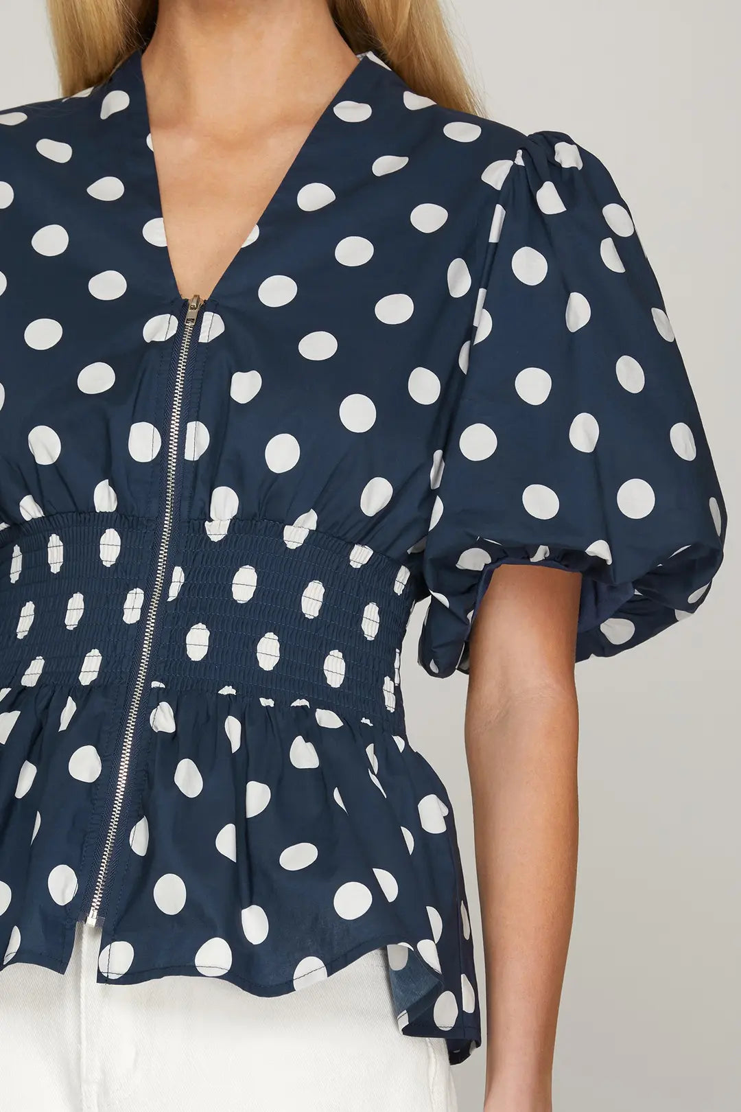 Navy Charm Polka Dot Smocked Top