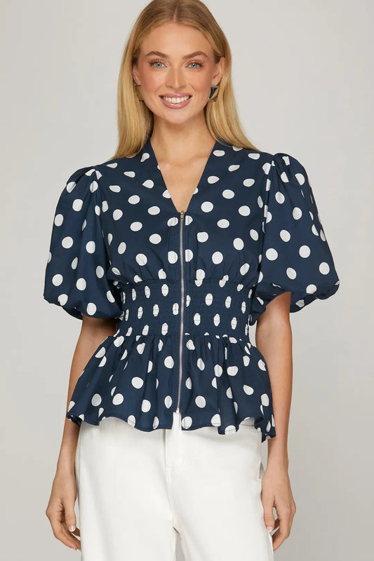Navy Charm Polka Dot Smocked Top