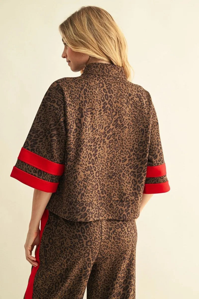 Leopard Print with Red Trim Faux Suede Half Sleeve Top