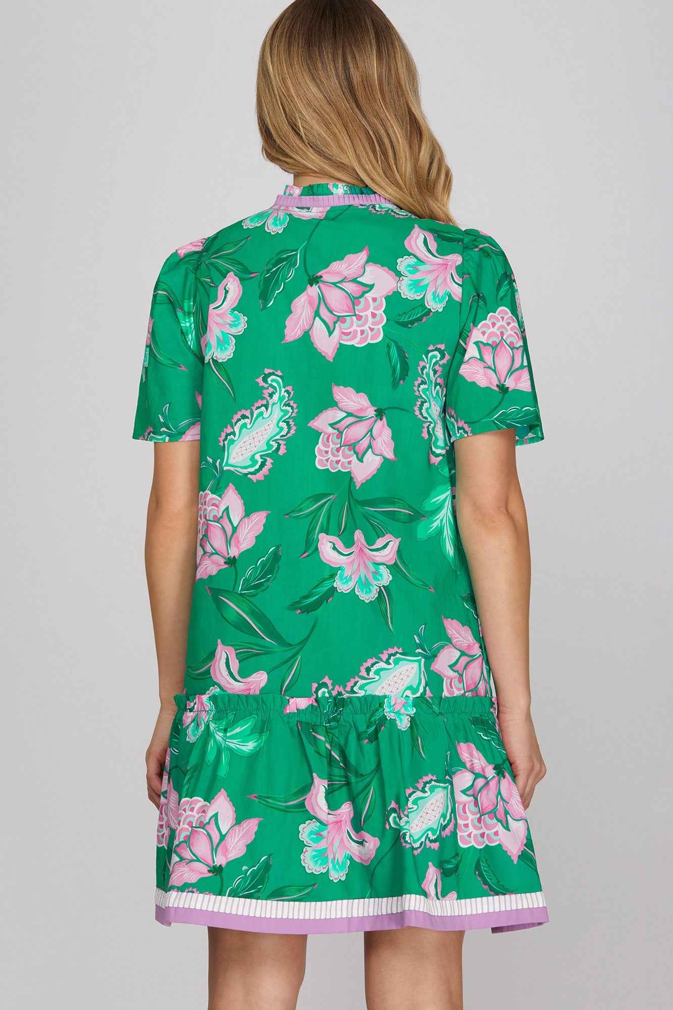 Emerald Green Floral Ruffle Hem Mini Dress with Tie Neck