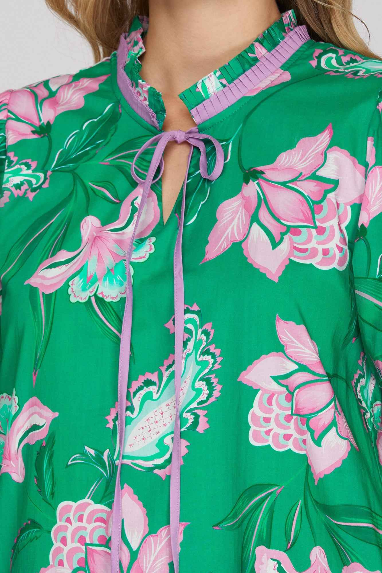 Emerald Green Floral Ruffle Hem Mini Dress with Tie Neck