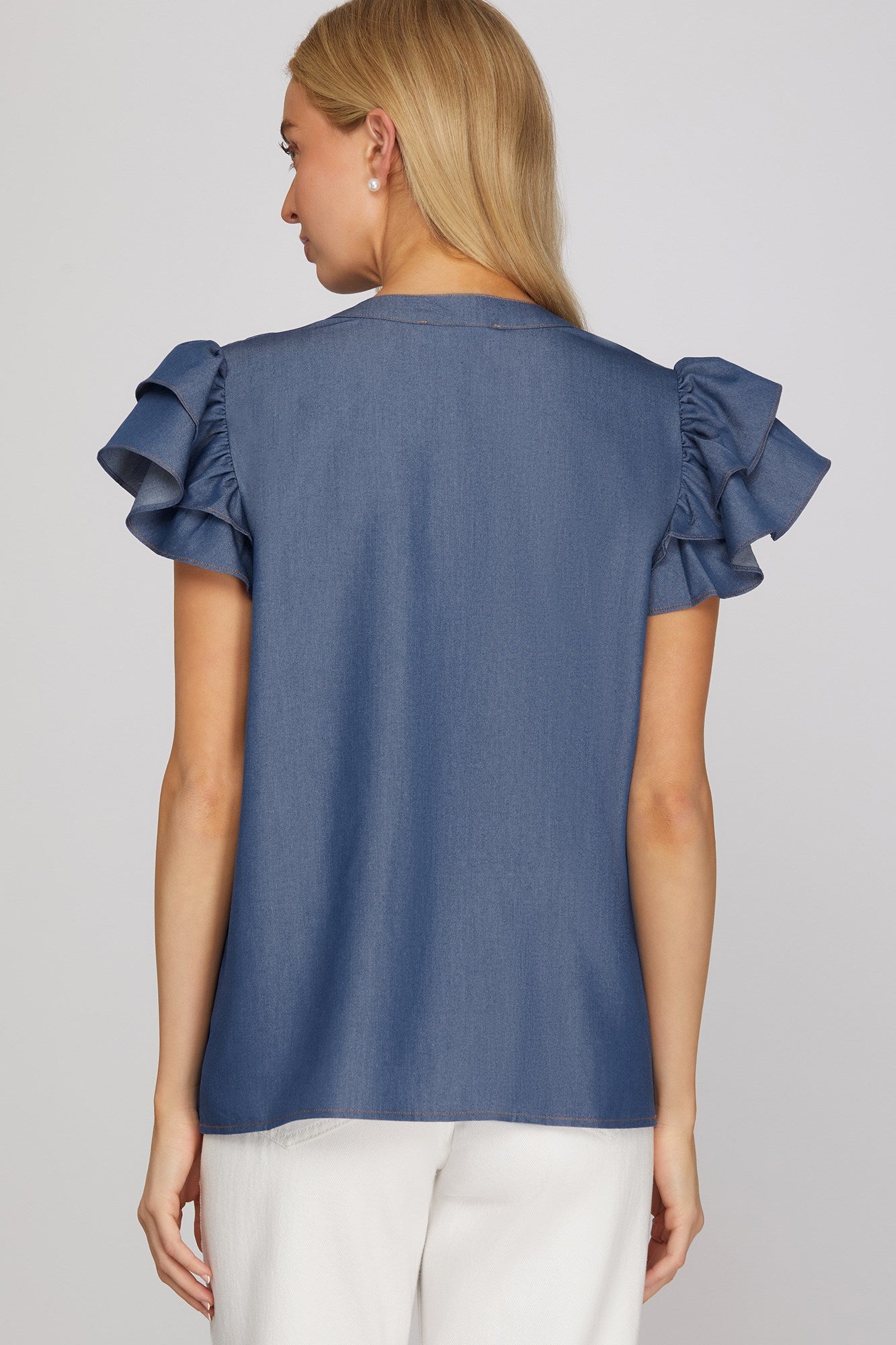 Indigo Charm Pintuck Tie-Neck Top