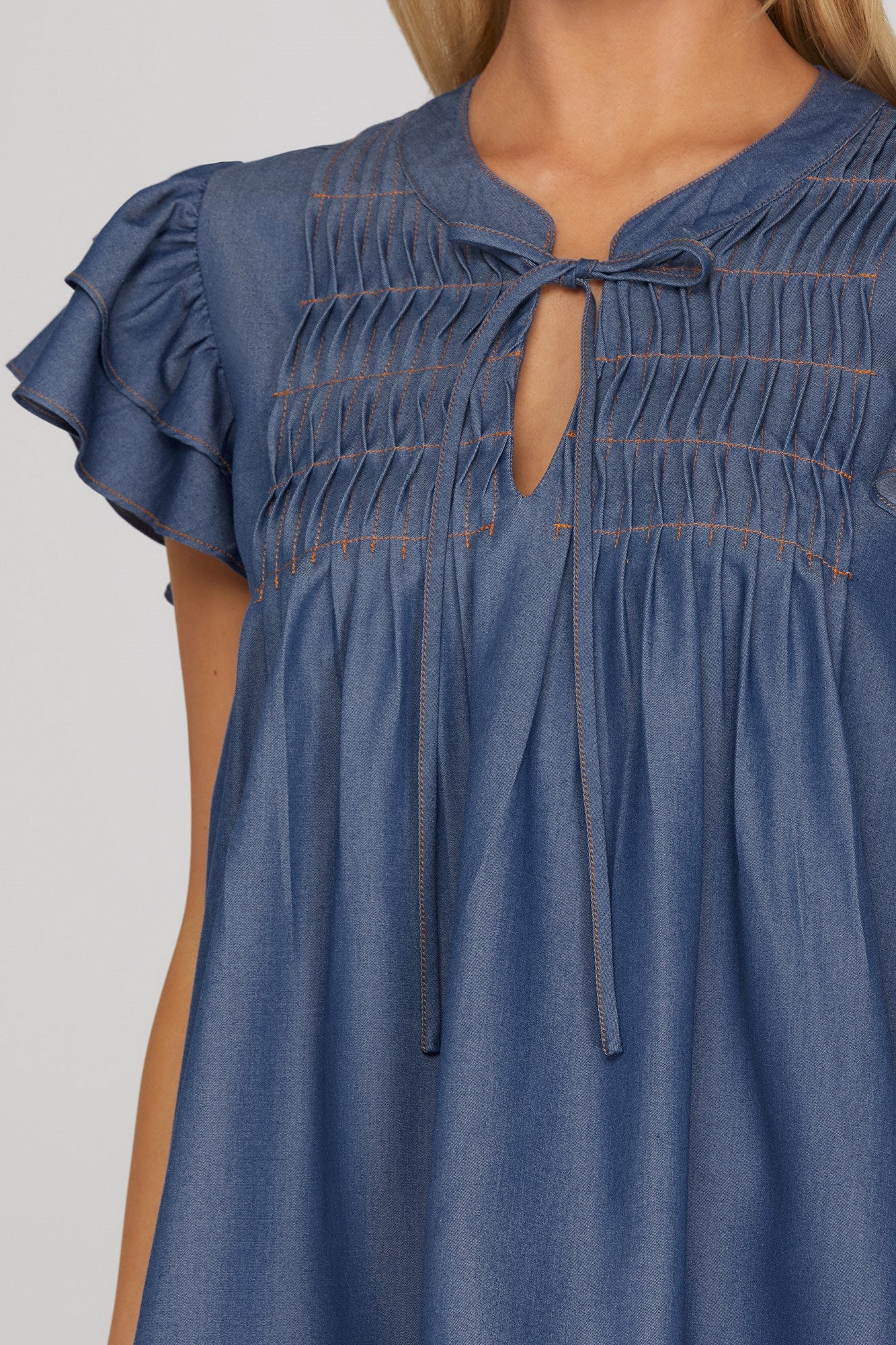 Indigo Charm Pintuck Tie-Neck Top