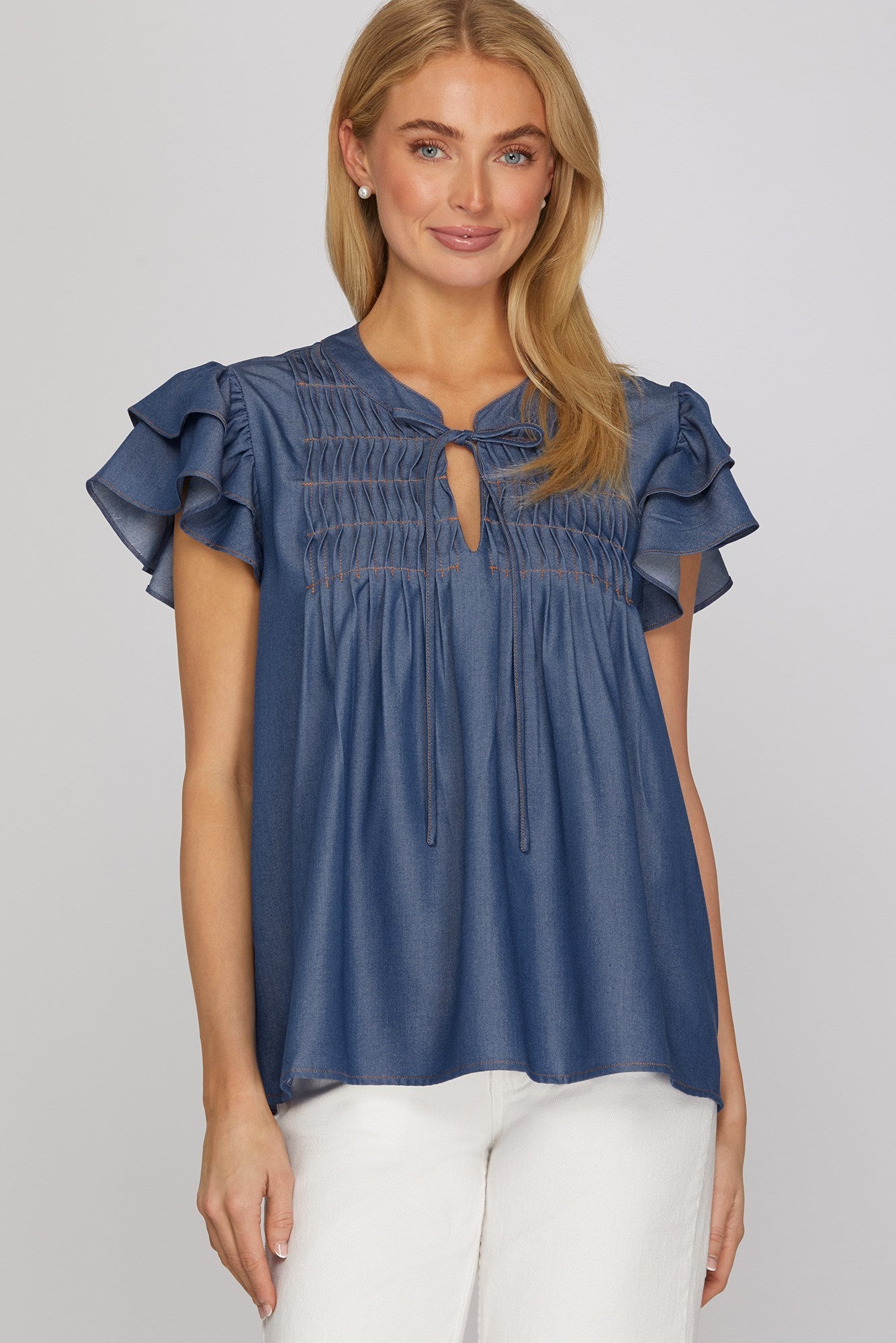 Indigo Charm Pintuck Tie-Neck Top