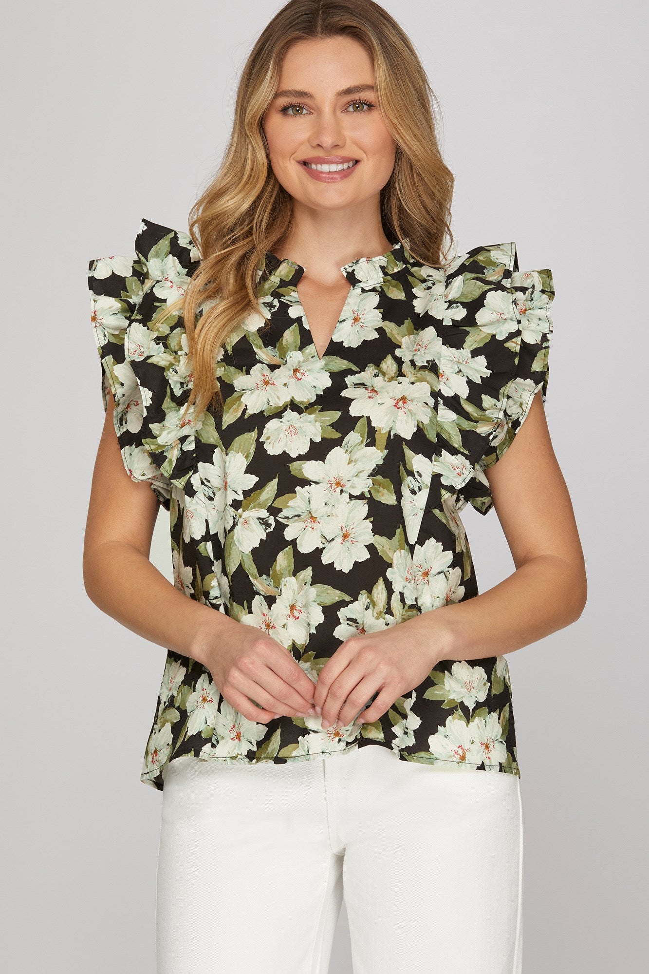 Midnight Bloom Ruffle Sleeve Top