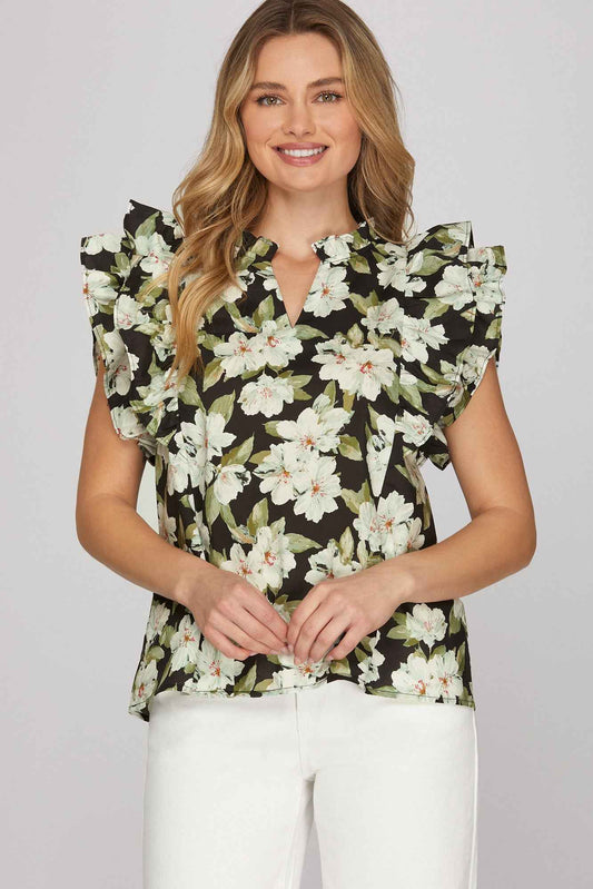 Midnight Bloom Ruffle Sleeve Top