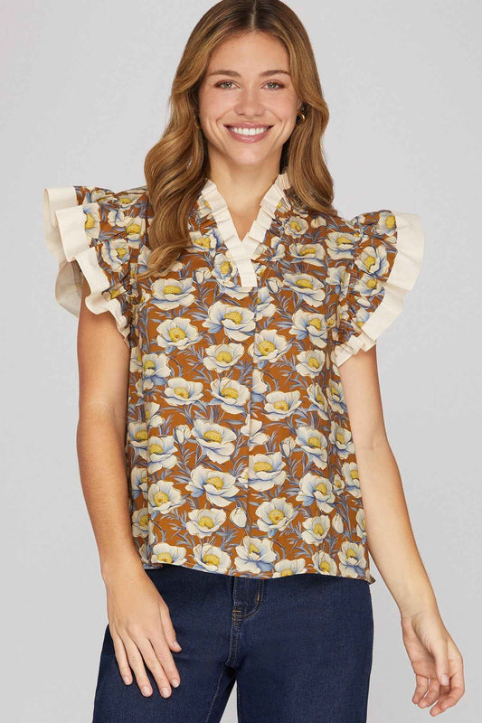 Mocha Meadow Ruffle Detail Top