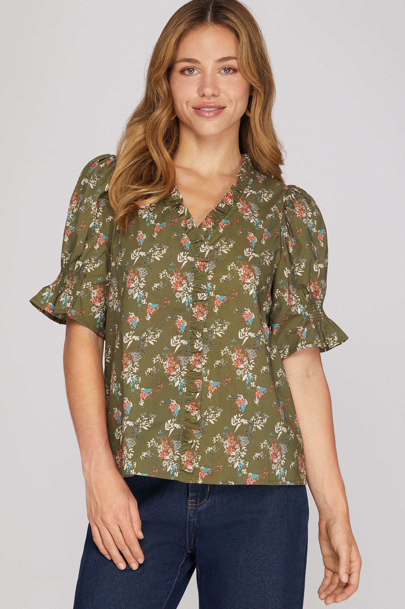 Olive Garden Ruffle Neck Top