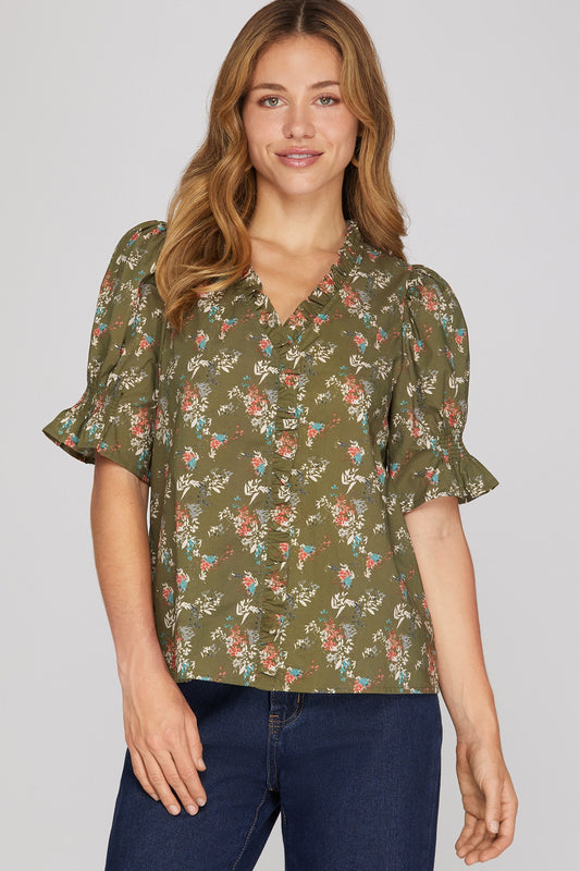 Olive Garden Ruffle Neck Top