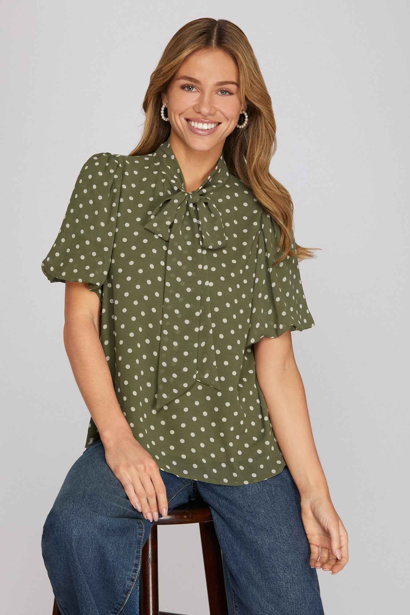 Olive Polka Dot Puff Sleeve Bow Detail Woven Top