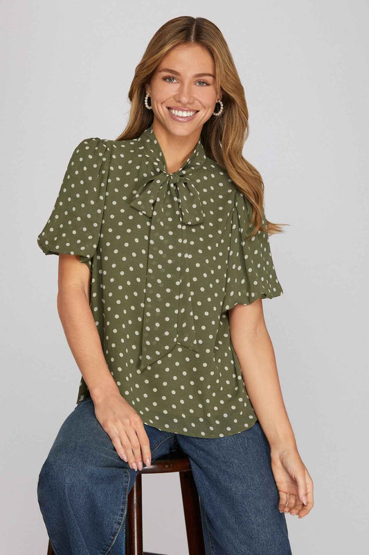 Olive Polka Dot Puff Sleeve Bow Detail Woven Top