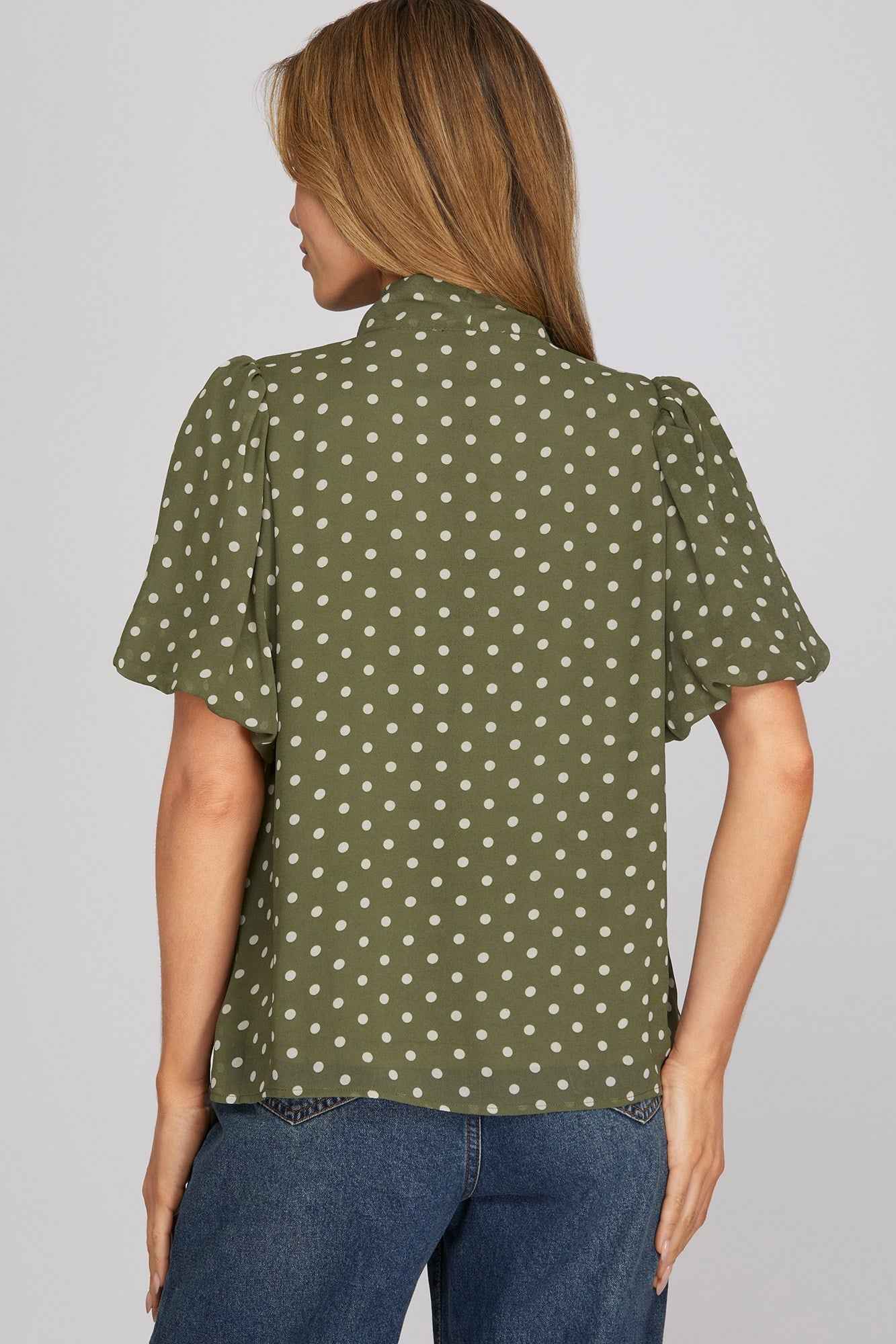 Olive Polka Dot Puff Sleeve Bow Detail Woven Top