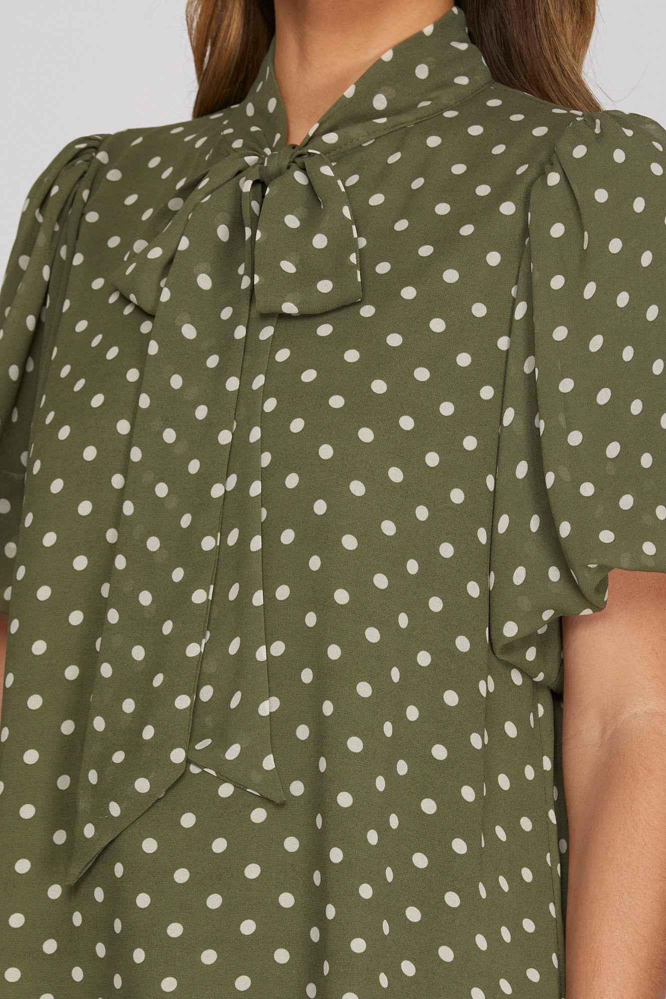 Olive Polka Dot Puff Sleeve Bow Detail Woven Top