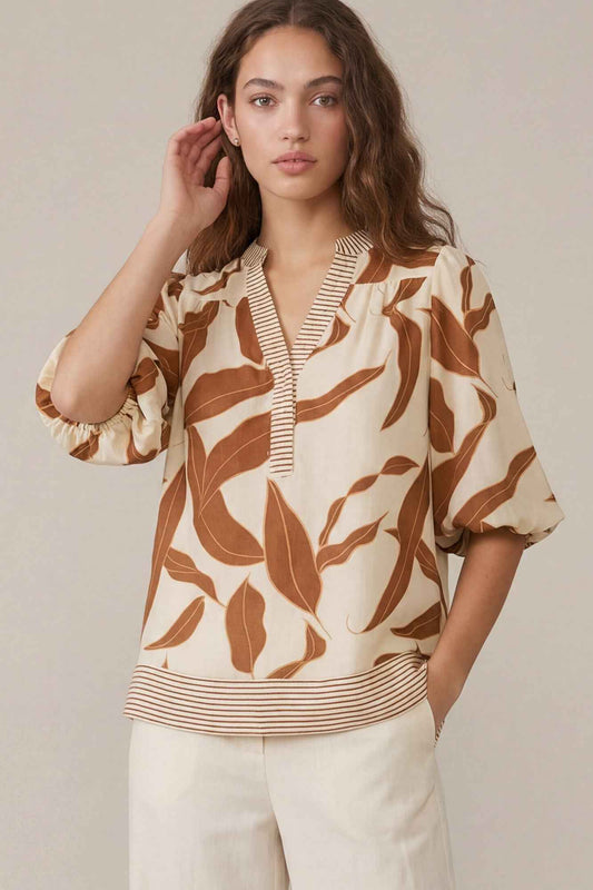 Autumn Breeze Leaf Print Blouse