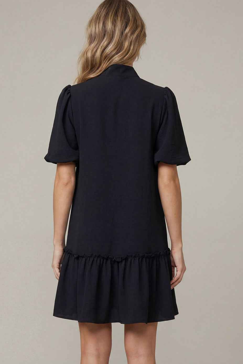 Black Bow Neck Puff Sleeve Mini Dress with Pockets