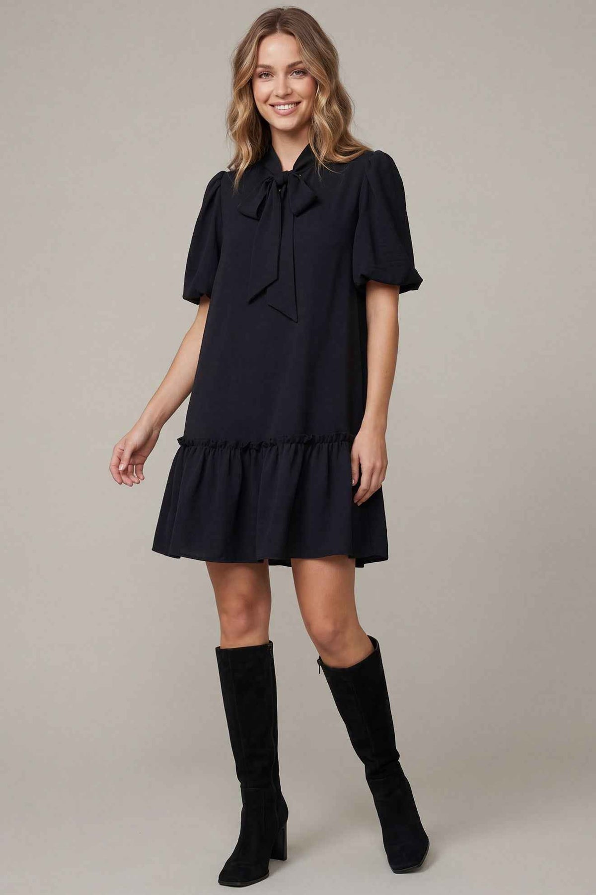 Black Bow Neck Puff Sleeve Mini Dress with Pockets