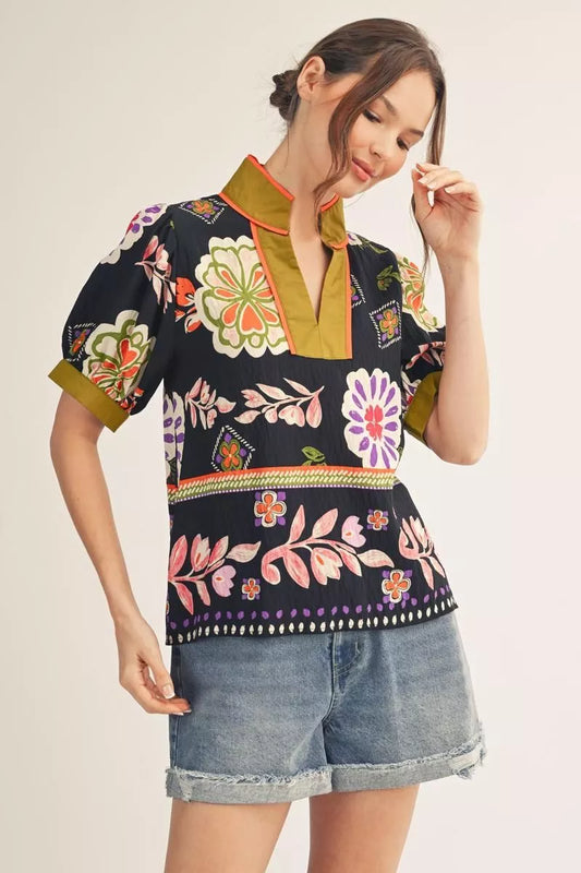 Boho Floral Puff Sleeve Top