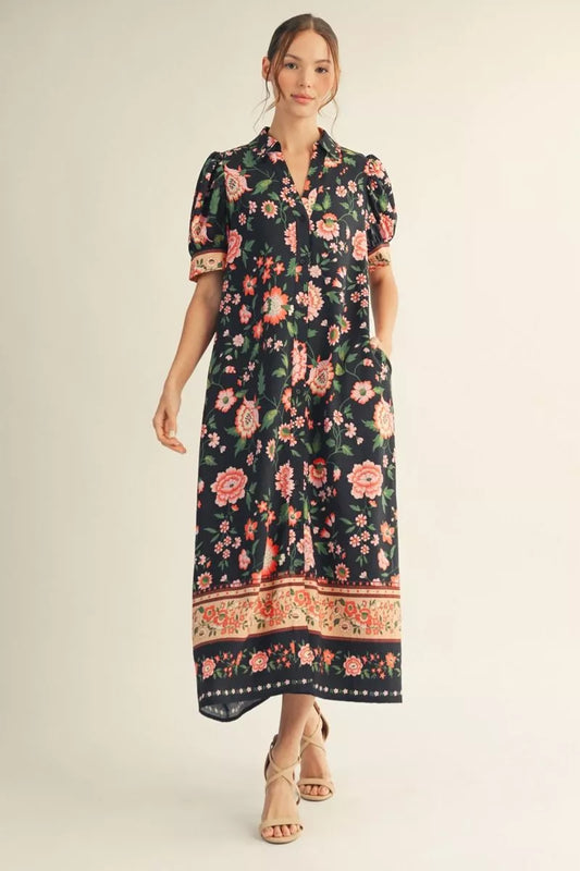 Boho Blossom Black Midi Dress