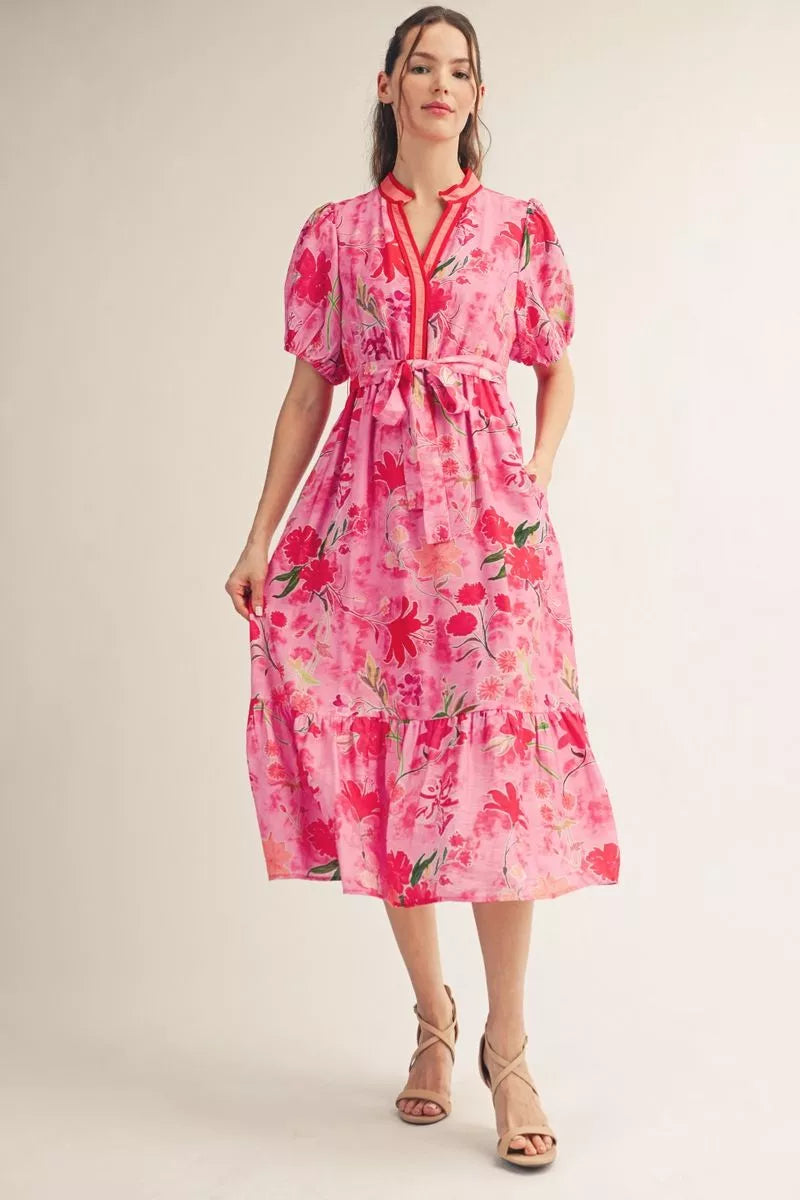 Blush Garden Puff Sleeve Midi Dress