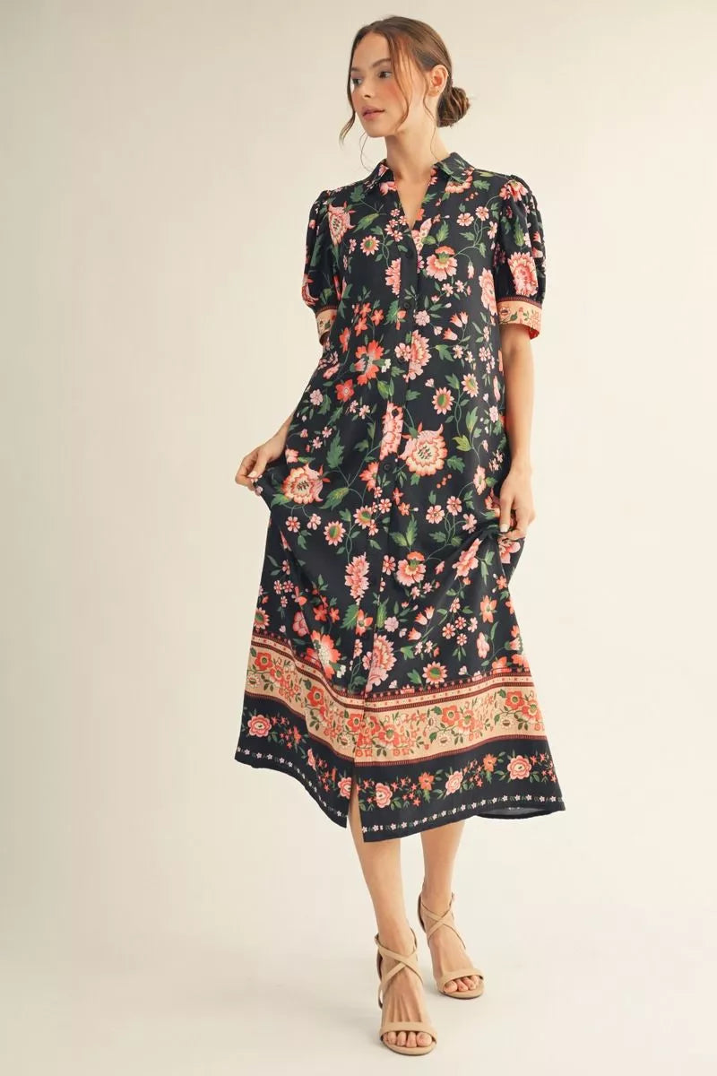 Boho Blossom Black Midi Dress