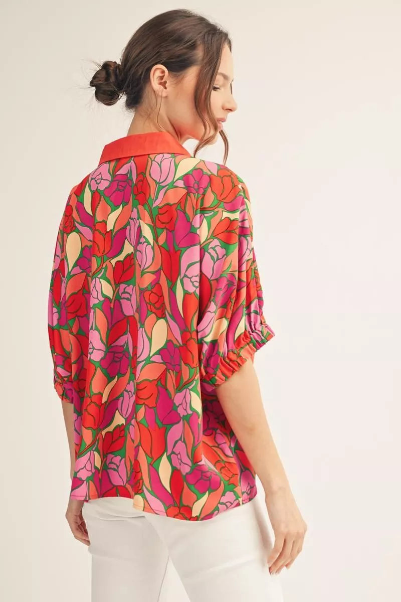 Floral Drop Shoulder Loose Fit Top with Scallop Trim