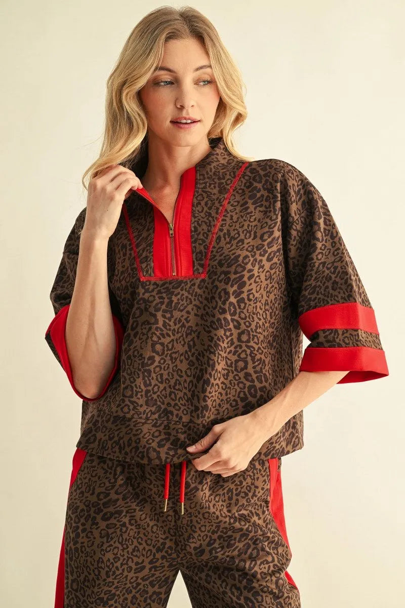 Leopard Print with Red Trim Faux Suede Half Sleeve Top