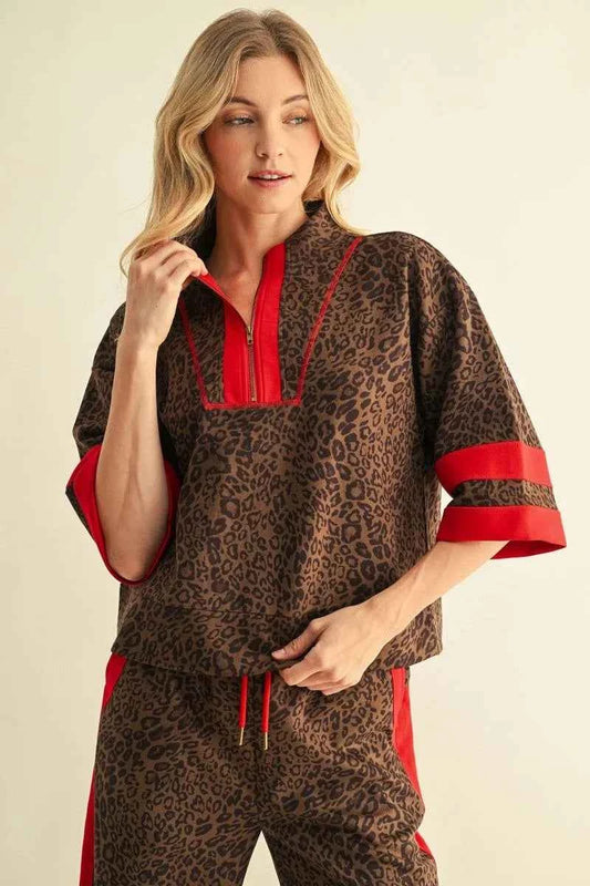 Leopard Print with Red Trim Faux Suede Half Sleeve Top