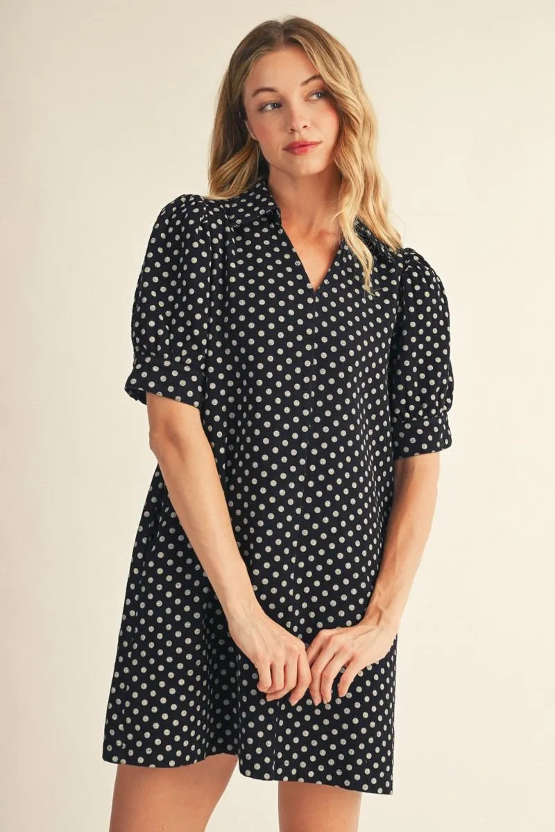 Black & White Polka Dot Puff Sleeve Dress