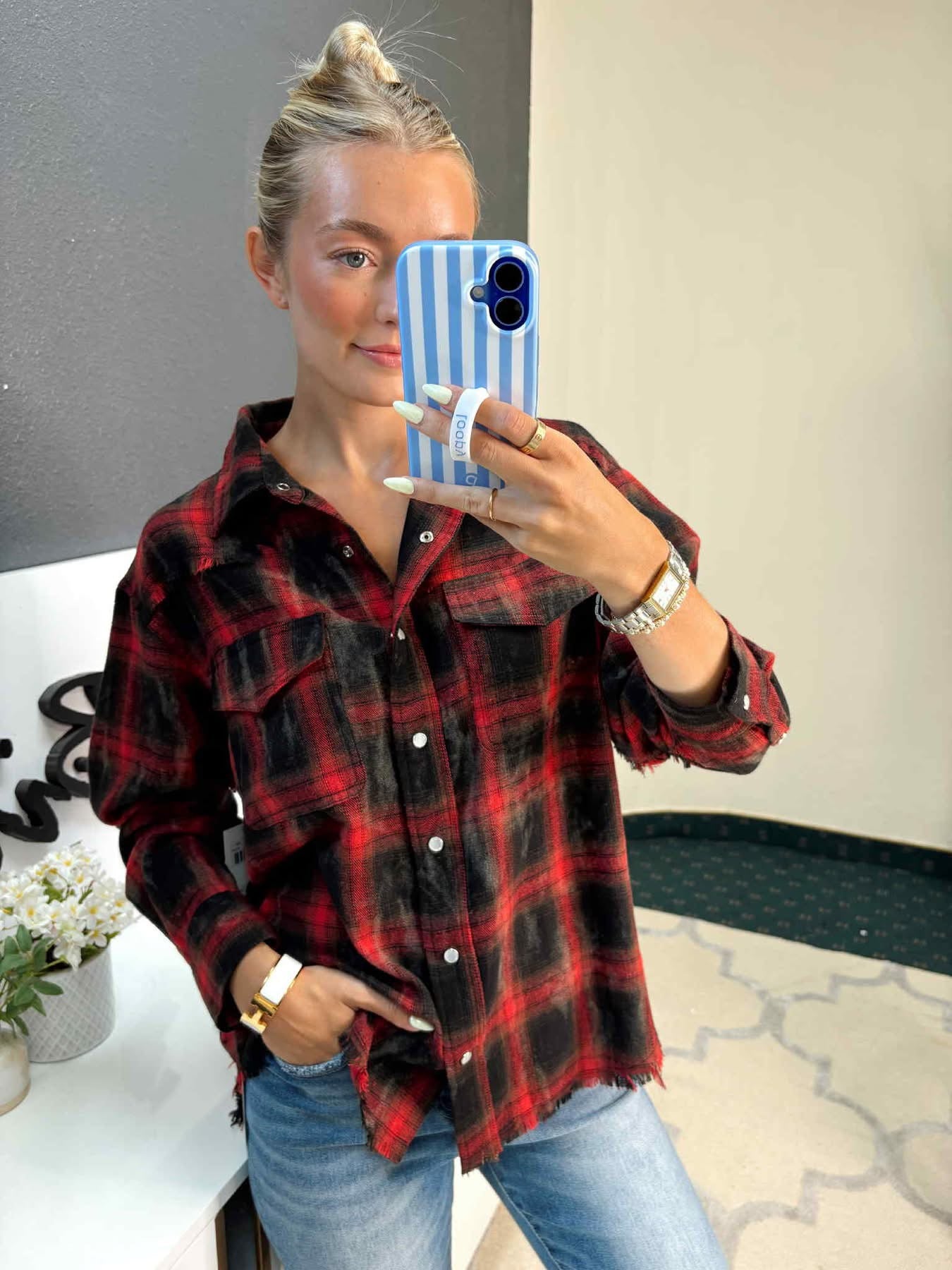 Christmas Plaid Distressed Button Down Top