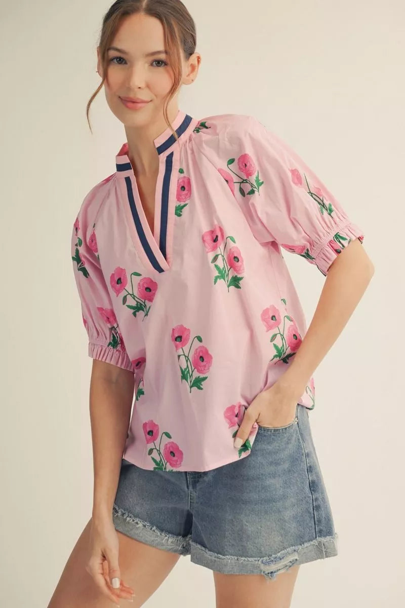 Floral Drop Shoulder Top with Ruffle Sleeve Cuffs