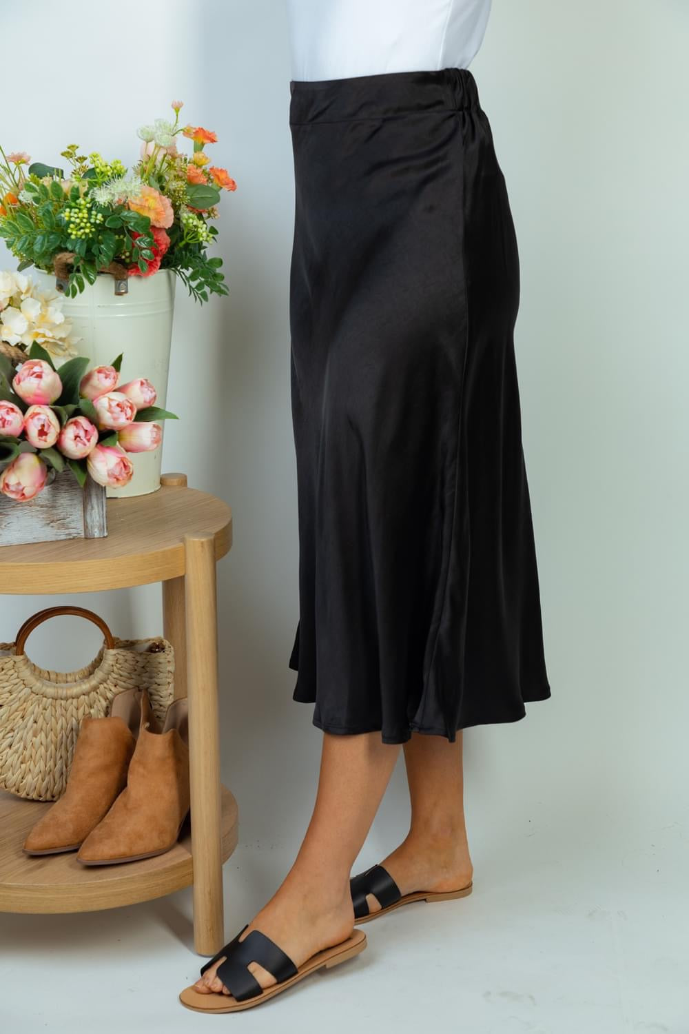 Black Midi Satin Skirt