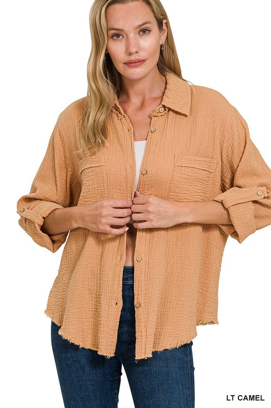 Camel Linen Button Down Top