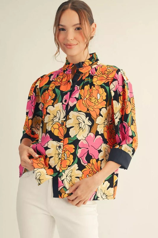 Floral Top with Ruffled Neckline
