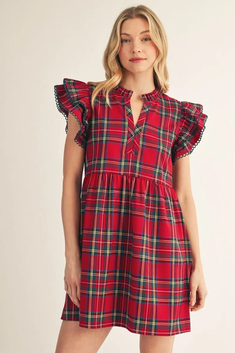 Holiday Plaid Layered Ruffle Sleeve Dress
