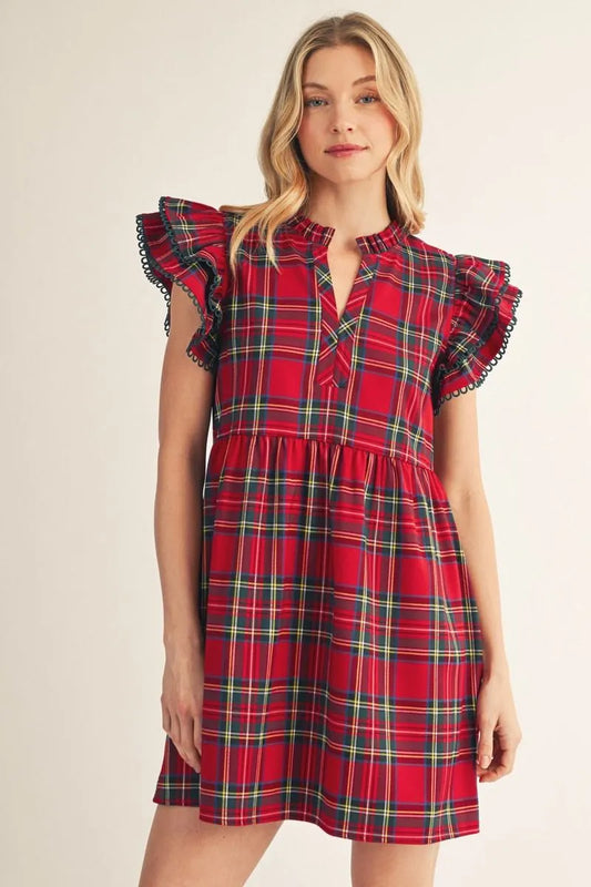 Holiday Plaid Layered Ruffle Sleeve Dress
