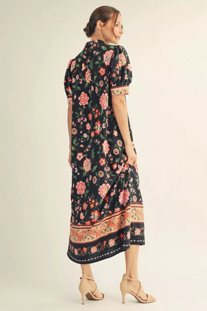 Boho Blossom Black Midi Dress